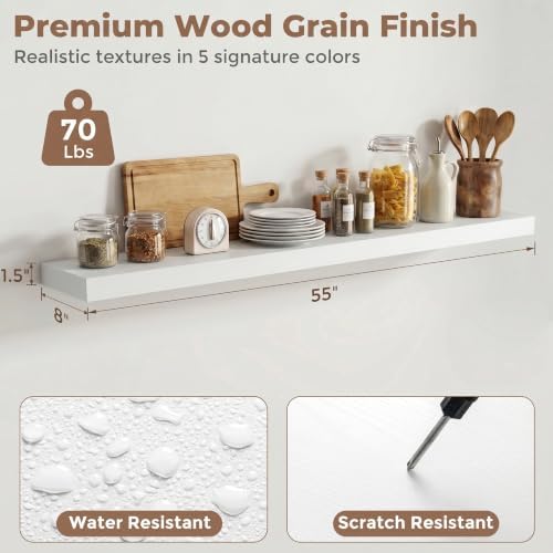 8 inch Deep Floating Shelves for Wall, 55" Wide, White Finish, 2-Pack