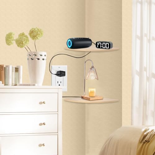 JJL Corner Wall Shelf, 12-Inch Sector Shelf, Set of 2 Wooden Hanging Shelves With Wire Hole for Bedroom Decoration, Ligh