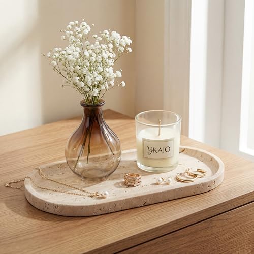 YKAJO Natural Travertine Beige Oval Marble Tray, 11.8x5.9 Vanity Organizer