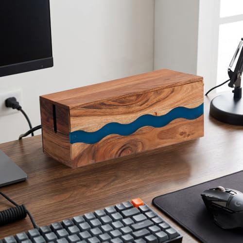 Acacia Wood & Epoxy Cable Management Box, 16X 6 X 5.5 Cable Hider Box, Cable Organizer Box Ideal for Under Desk Cable Ma