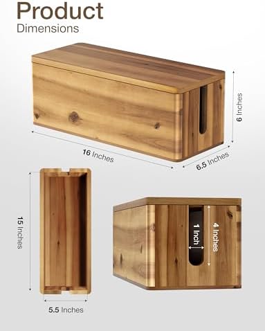 TIDITA 16" L Wooden Cable Management Box Round Edge, Magnetic Lid, Large