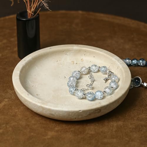 DUANYAN 5.5" Travertine Jewelry Tray for Vanity, Small Stone Trinket Dish