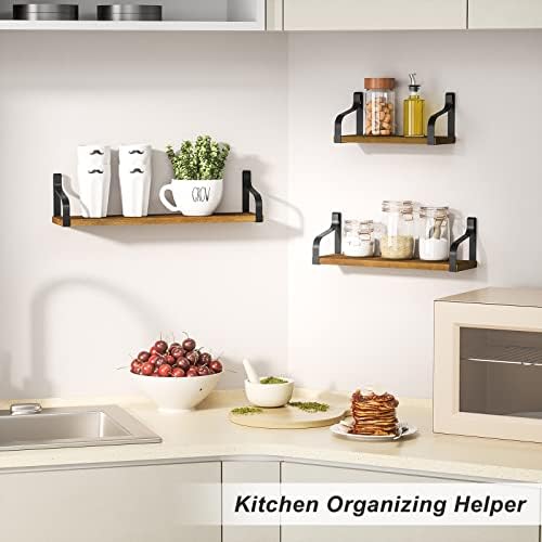 Love-KANKEI Floating Wall Shelves,Solid Wood/Bracket,Set of 3,Light Walnut