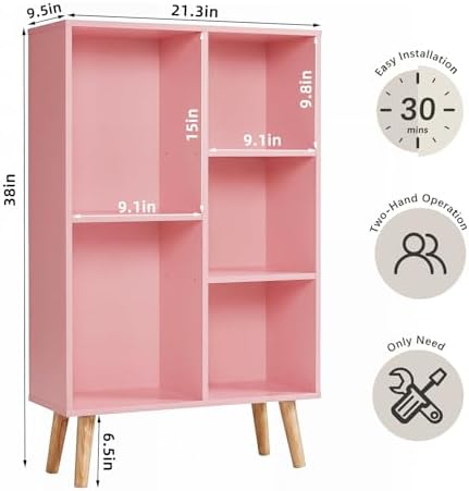 YAHARBO Small Light Pink Bookshelf,3 Tier Modern Kids Bookcase with Legs,5 Cube Wooden Bookshelves Storage Shelf,Book Sh