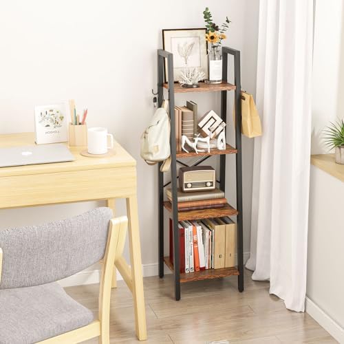 YMYNY 4 Tiers Ladder Bookcase, Industrial Narrow Bookshelf, Open Display Rack with 4 S Hooks, Metal Storage Shelves for 