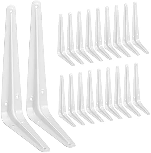20 Pack Shelf Brackets 8 Inches White, Heavy Duty Steel Metal L Brackets for Shelves, J Brackets Wall Angel Corner Brace