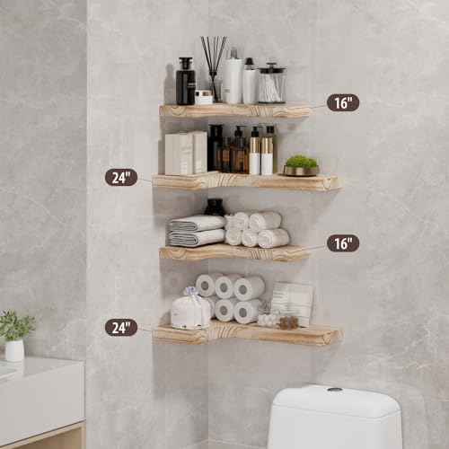SAUMONIERES Corner Floating Shelves 24 Inch Wall Mount Shelf Solid Wood for Bedroom Bathroom Kitchen Storage Set of 2, R