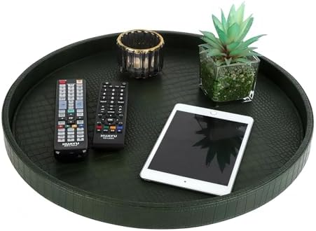 HofferRuffer Round Serving Tray 20'', Elegant Faux Leather Circle Ottoman Table Tray, Serve Tea Coffee Breakfast in Bedr