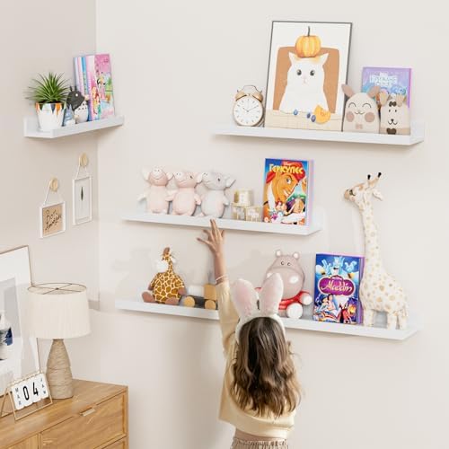 Heimlove Picture Ledge Shelf,24 inch Long Floating Shelves for Wall Set of 4,White Picture Shelf with Lip for Wall Decor