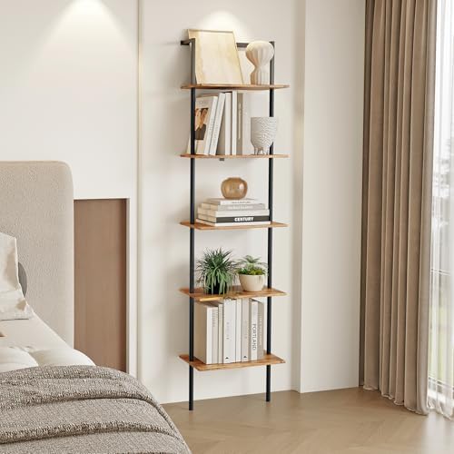 5-Tier Wall Mounted Ladder Shelf, Rustic Brown, 64.7" H