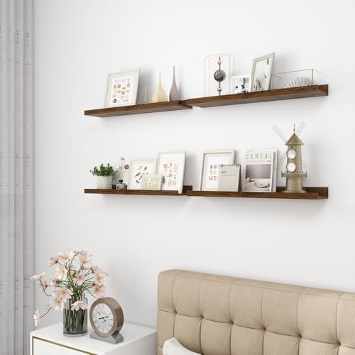 Acovy 24 inch Picture Ledge Shelf, Wood Floating Shelves Set of 4, Walnut