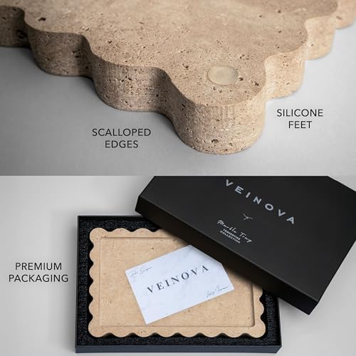 Scalloped Travertine Tray, Elegant Decorative Natural Marble Tray for Vanity, Bathroom, Kitchen and Home Decor, Pure Nat