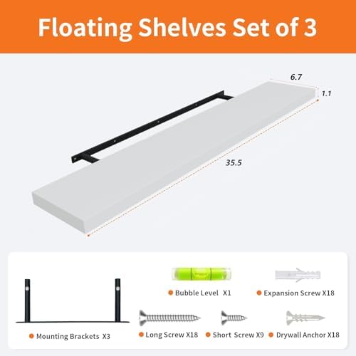 White Floating Shelves for Wall Set of 3, 36" Wall Shelves for Home Decor