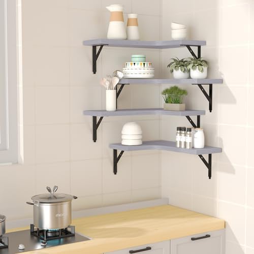 ROMGUAR CRAFT Corner Floating Shelves Wall Mounted Set of 4, Light Grey