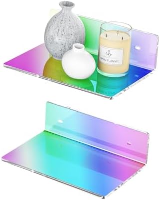 Sezanrpt 9 Inches Iridescent Floating Shelves Acrylic, White Wall Shelves for Living Room Décor, Bedroom, Bathroom, Kitchen, Dining Room, Brand Store, Retails, Gaming Room, 2 Pack