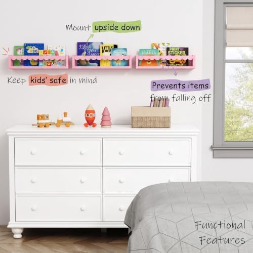 Pink Scalloped Nursery Floating Shelves, Kids Book Shelf Wall Mounted