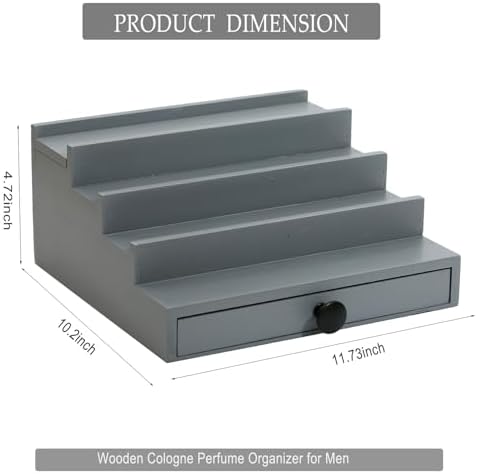 4 Tier Men's Cologne Organizer, Gray Wooden Display Stand with Drawer