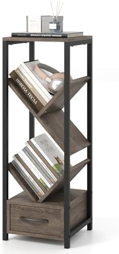 GIANTEX Tree Bookshelf with Drawer, 4-Tier Narrow Bookcase with Metal Frame, Tall Floor Standing Storage Organizer for S