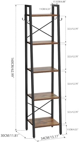 YMYNY 5 Tiers Ladder Bookcase, Industrial Narrow Bookshelf, Open Display Rack with 4 S Hooks, Metal Storage Shelves for 
