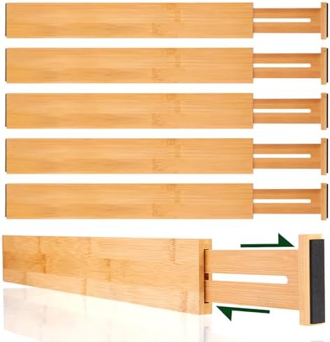 CMOOD 6 PCS Bamboo Drawer Dividers, Kitchen Drawer Dividers, 17"-22" Expandable Adjustable Bamboo Drawer Dividers Organi
