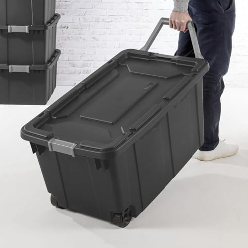 Modern Plastic & Metal 40 Gallon Lidded Home Storage Bins, Stackable Industrial Storage Containers Tote, Organizing Tote