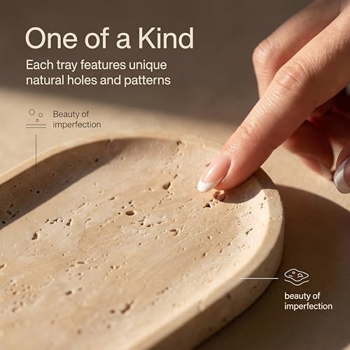 Beige Travertine Vanity Tray | Natural Stone Bathroom Organizer | Perfume & Jewelry Storage for Spa, Bedroom, Kitchen | 