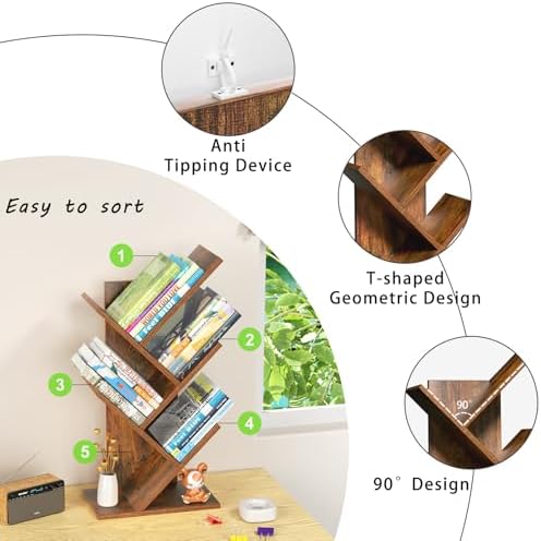 SHEEPAM Small Tree Book Shelf,5 Tier Bookshelf, Wood Desktop Bookcase