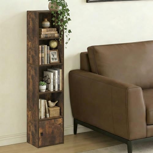 Furinno LUDER Book Shelf, 5-Tier Bookshelf with Open Shelf, Standing Bookcase with 1 Door Cabinet, 9.3 x 12 x 52, for Or