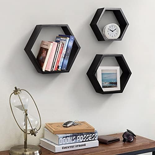 ROSE BLOOM Set of 3 Black Wood Hexagon Shelves for Wall Decor - Farmhouse Honeycomb Shelves for Living Room Decor, Kitch