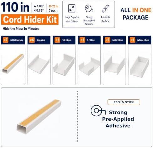 OnElecs 110in Cable Raceway Kit, Cord Cover Wall Cord Hider, PVC Wire Hider Wall Mount for TV Computer Office - Self-Adh