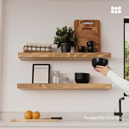 Natural Wood Floating Shelves for Wall 30 Inches Long, Oak Wooden Shelf