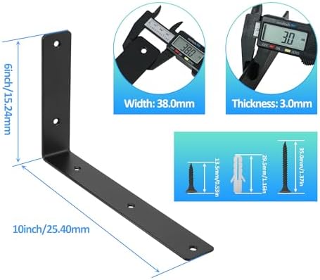L Floating Shelf Brackets,10 Pack Heavy Duty L Brackets for Shelves, L 10" X H 6" Black Metal Countertop Support Bracket