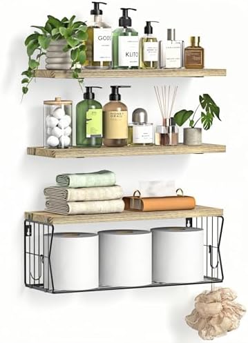 Floating Bathroom Shelves Wall Mounted - Wooden Shelf Set of 3 for Over Toilet Storage & Farmhouse Bathroom Decor - Perf