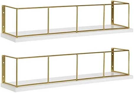 Kate and Laurel Benbrook 18-inch 2-Pack Wood and Metal Floating Wall Shelves, White and Gold