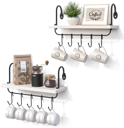 Olakee Floating Wall Shelves for Kitchen Bathroom Coffee Nook with 10 Adjustable Hooks for Mugs Cooking Utensils or Towe