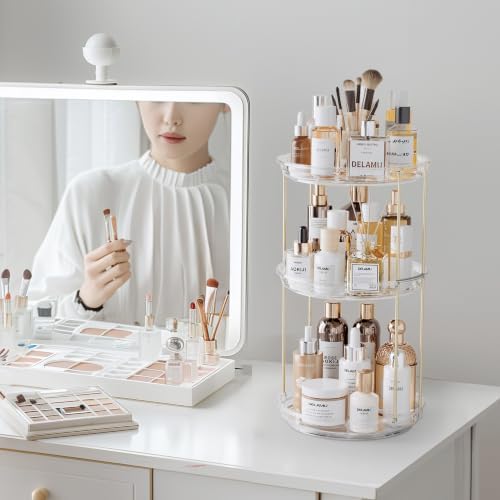 Delamu 3 Tier Rotating Makeup Organizer for Vanity, Bathroom Counter Organizer with Stackable Design, Spinning Skincare 
