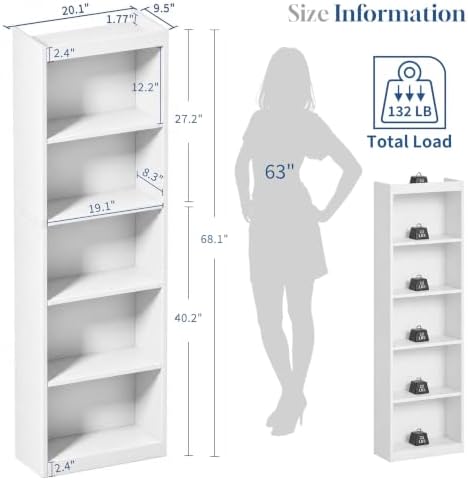 White Book Shelf,5-Tier Bookshelf Storage Shelves,68 Inch Bookcase