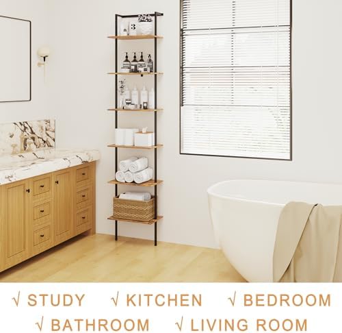 6-Tier Wall Mounted Ladder Shelf, Rustic Brown, 77" H