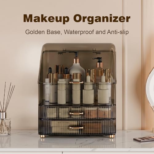 Makeup Organizer Countertop Vanity with Transparent Lid Drawers Waterproof Dustproof Cosmetic Skincare Bathroom Storage 