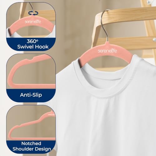 SereneLife 150 Pack Velvet Hangers - Space Saving, Slim Suit Clothes Hanger Set with 360 Degree Swivel, Can Hold Up to 10 Lbs, for Coats, Jackets, Pants & Dress (Pink)