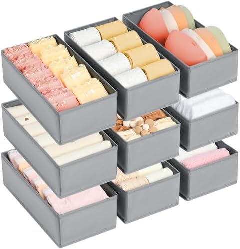 DIMJ Drawer Organizer Clothes - Underwear Organizer Small Sock Organizer Closet Organizers and Storage Box Dresser Drawer Dividers for Baby Clothes,Bra,Socks, Belt, Tie, Set of 9,Grey