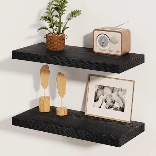 Fun Memories Rustic Black Floating Shelves 24 Inch Long, 8 Inch Deep Floating Shelf, 24 x 8 Wall Shelves Set of 2, Deep 