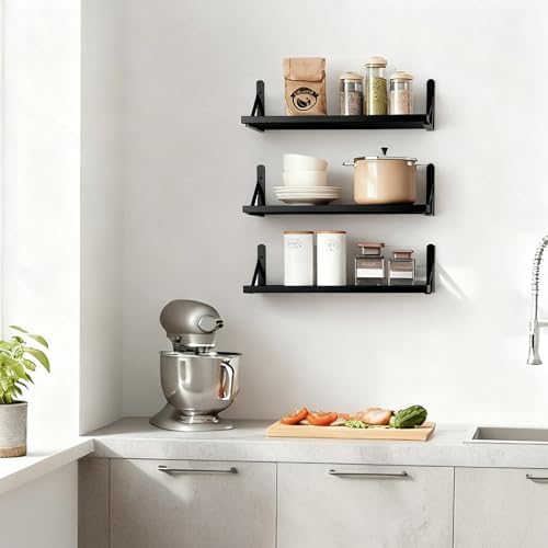 Fixwal Wall Floating Shelves for Home Decor (Black, Set of 3, 16.5 Inch)