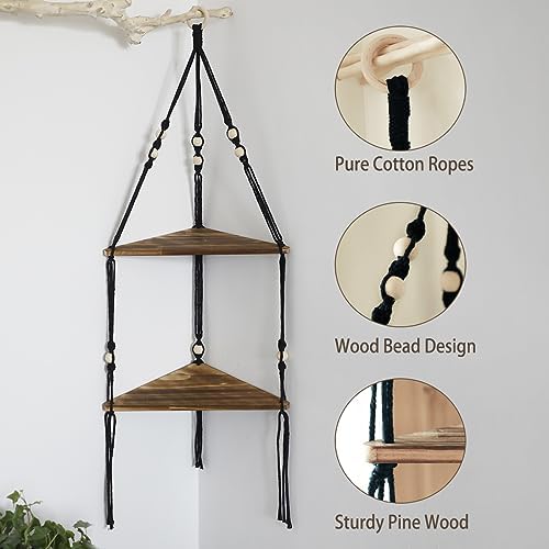 Artilady Corner Shelf Macrame Wall Hanging Balck, Boho Wood Storage Decor