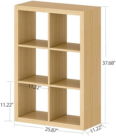 furtble Bookshelf with Storage Bin, 6-Cube Storage Organizer, Modern Wood Open Bookcase, Multifunctional Display Shelf f