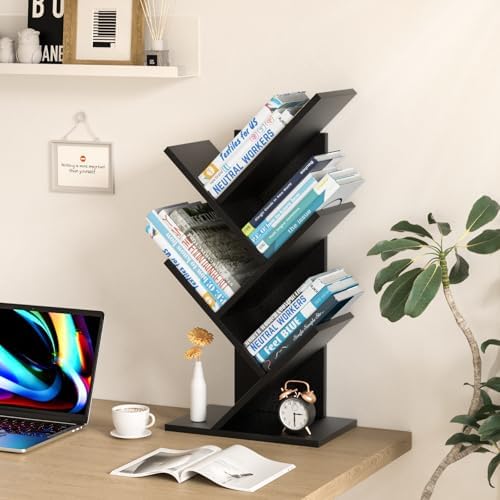 SHEEPAM Small Tree Book Shelf,5 Tier Bookshelf, Wood Desktop Bookcase