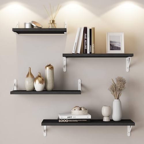 YGEOMER 4 Different Sizes Floating Shelves for Wall Decor, Black and White