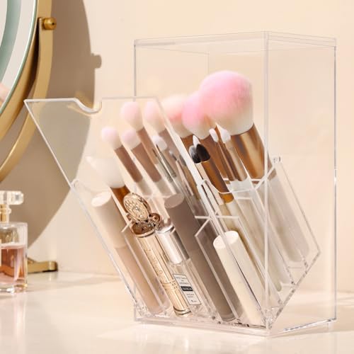 Acrylic Makeup Brush Holder with Lid for Vanity, 17-Slots Large Capacity