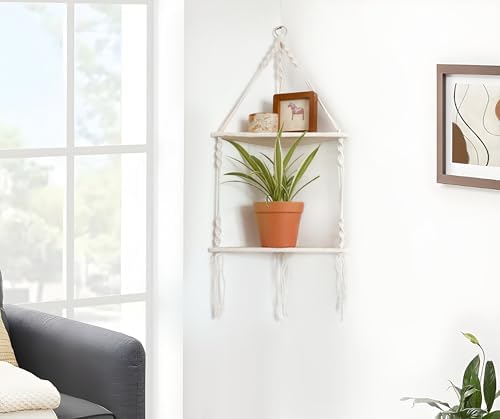 Artilady Corner Shelf Macrame Wall Hanging, Boho Wood Storage Wall Decor