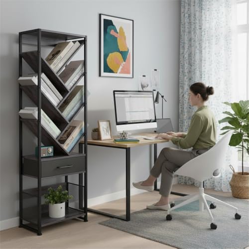 Bookshelf with Drawer,10 Tier Tree Bookcase Retro Floor Standing Bookshelves,Tall Wood Bookcases with Cabinet Storage Or